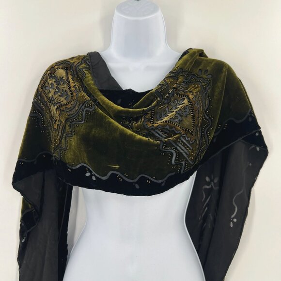 Black Green Velvet Burnout Shawl Devore Beaded Scarf Goth Boho Evening Wrap - Picture 2 of 8